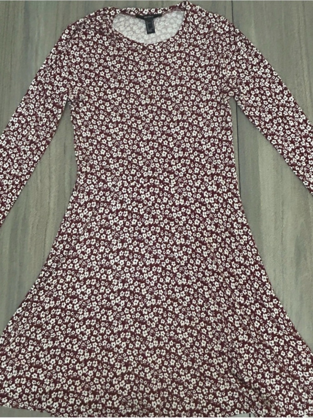 Forever 21 Burgundy and White Long Sleeve Floral Fit-and-Flare Dress